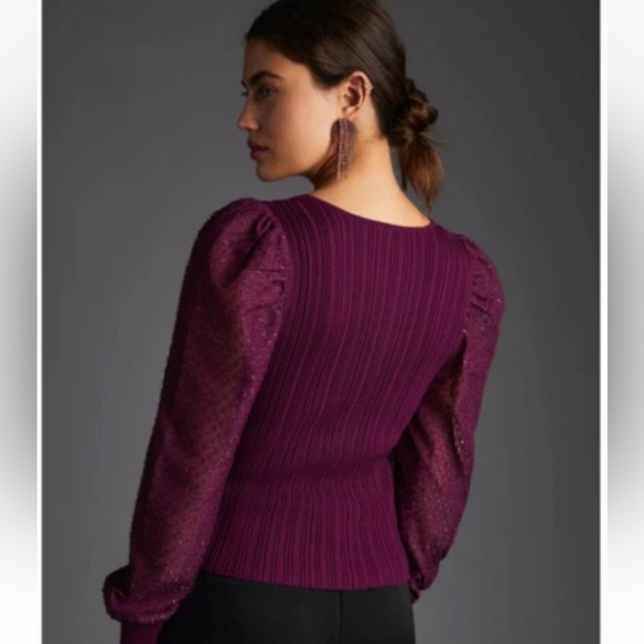 Anthropologie Sweater Top -M Plum Shimmer Ribbed Square Neck Puff Sleeves G-16 - Picture 3 of 8